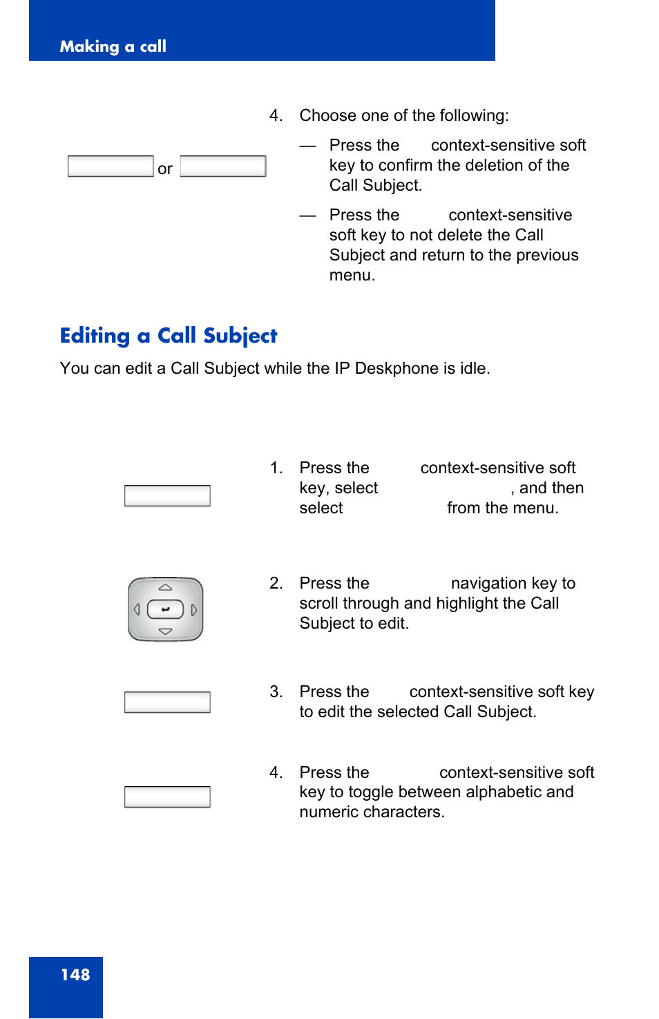 Editing a call subject, Prefs, Edit | Ok back | Avaya 1140E IP User Manual | Page 148 / 418