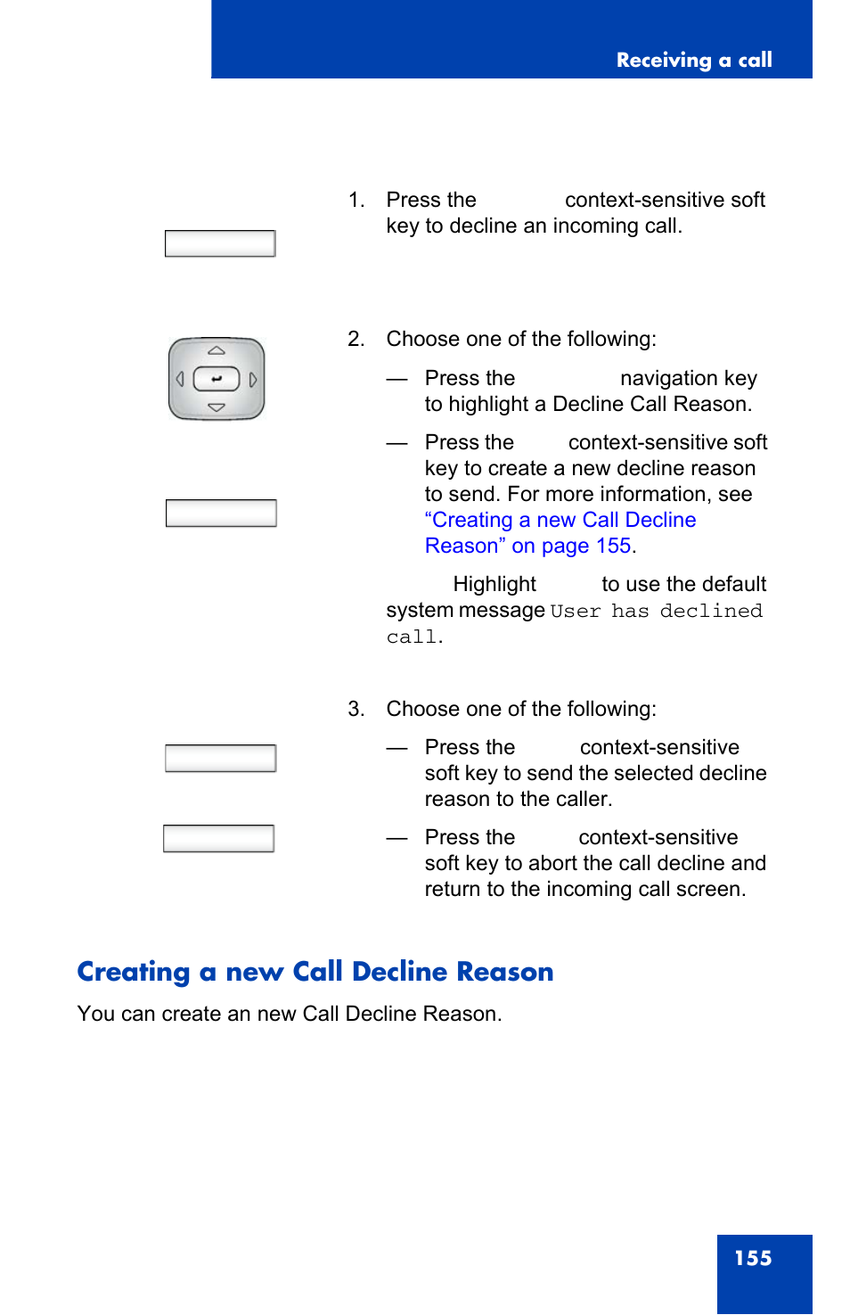 Creating a new call decline reason, Decline, Send back | Avaya 1140E IP User Manual | Page 155 / 418