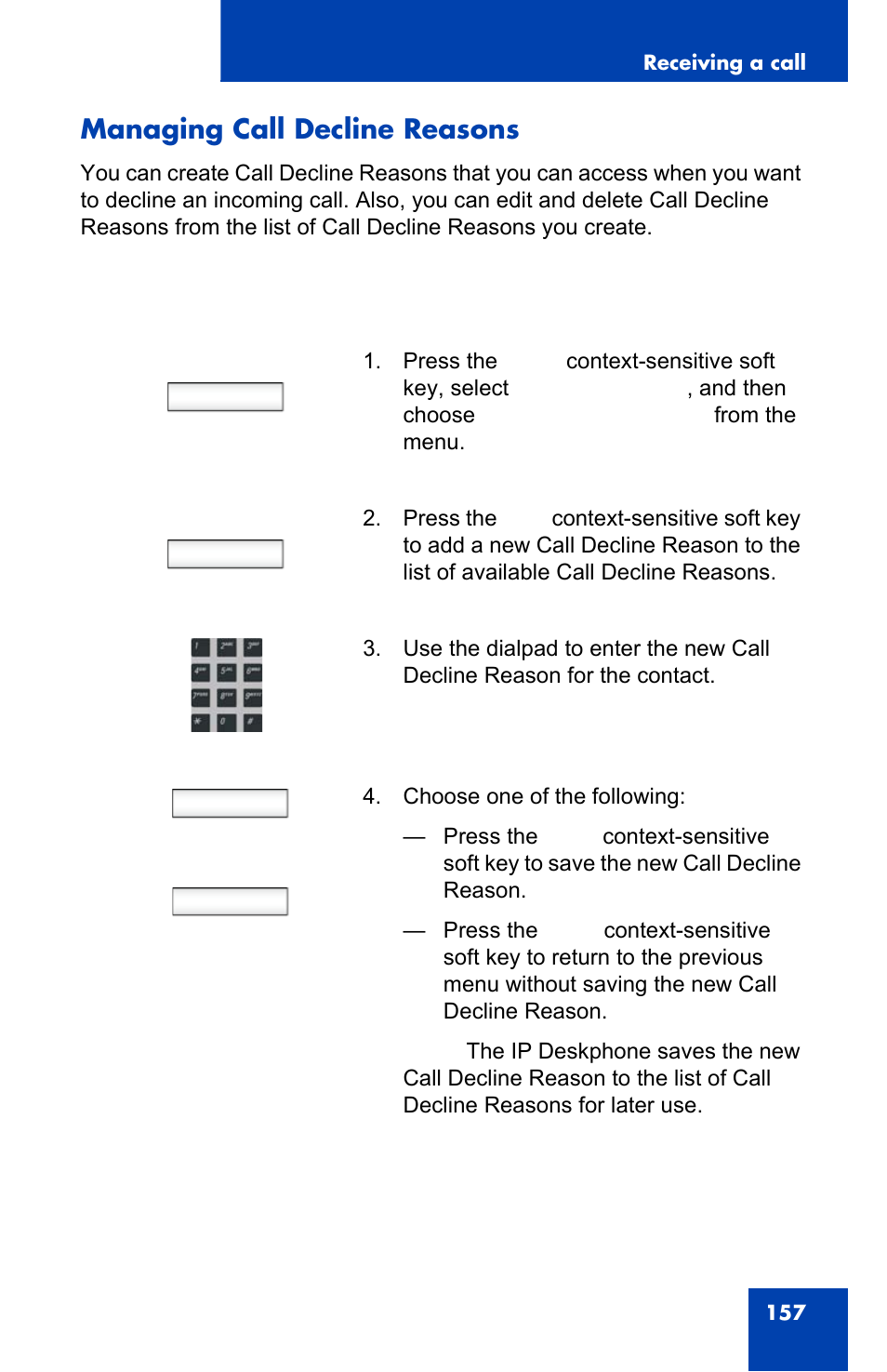 Managing call decline reasons, Prefs, Save back | Avaya 1140E IP User Manual | Page 157 / 418