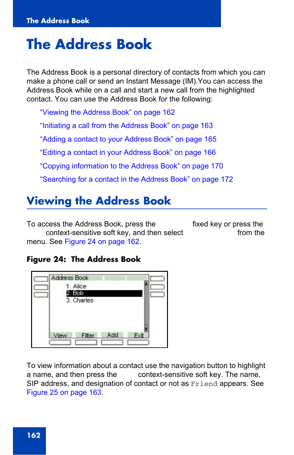 The address book, Viewing the address book | Avaya 1140E IP User Manual | Page 162 / 418