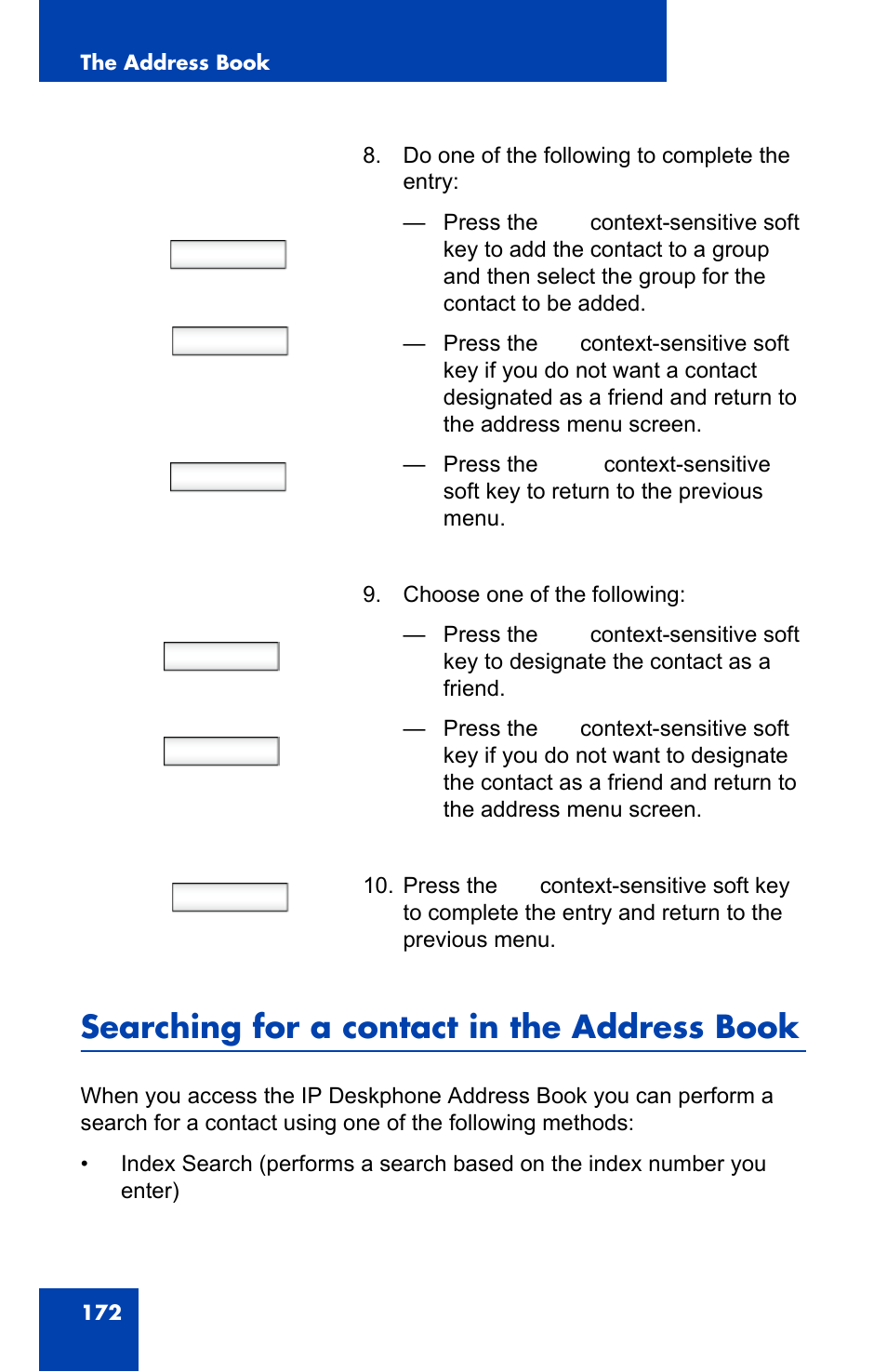 Searching for a contact in the address book, Searching for a, Yes no back | Yes no | Avaya 1140E IP User Manual | Page 172 / 418