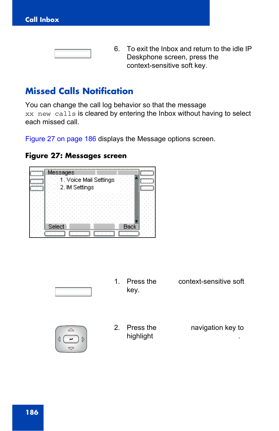 Missed calls notification, Exit, Msgs | Avaya 1140E IP User Manual | Page 186 / 418