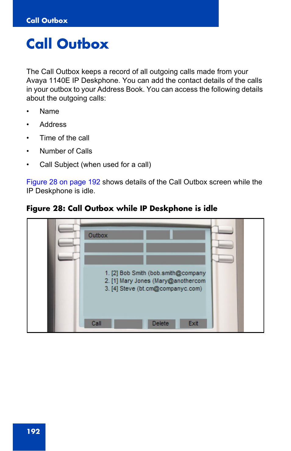 Call outbox | Avaya 1140E IP User Manual | Page 192 / 418