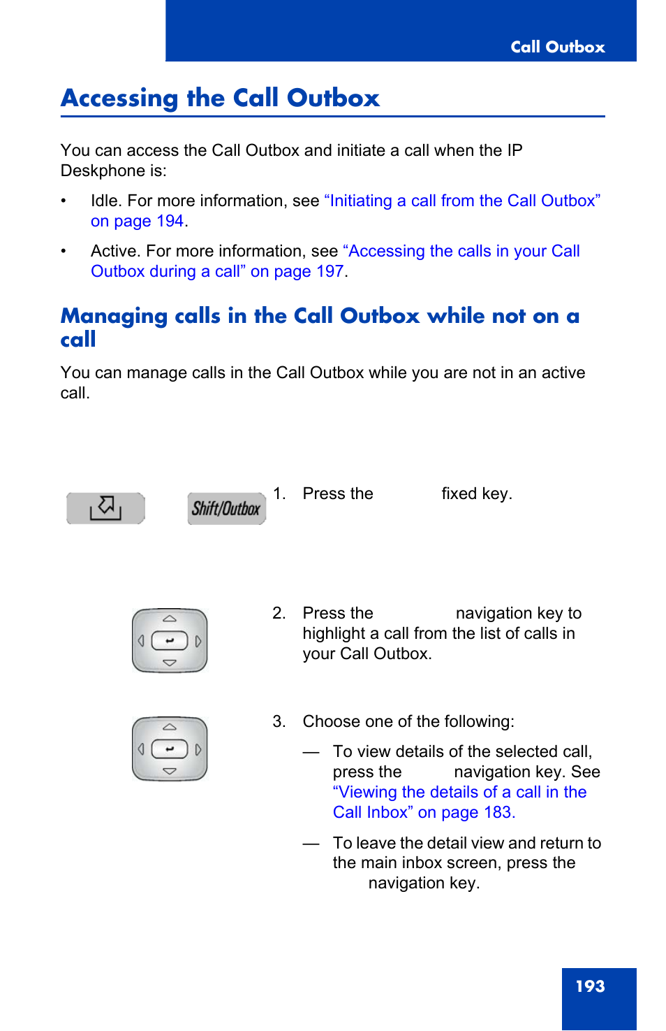 Accessing the call outbox | Avaya 1140E IP User Manual | Page 193 / 418