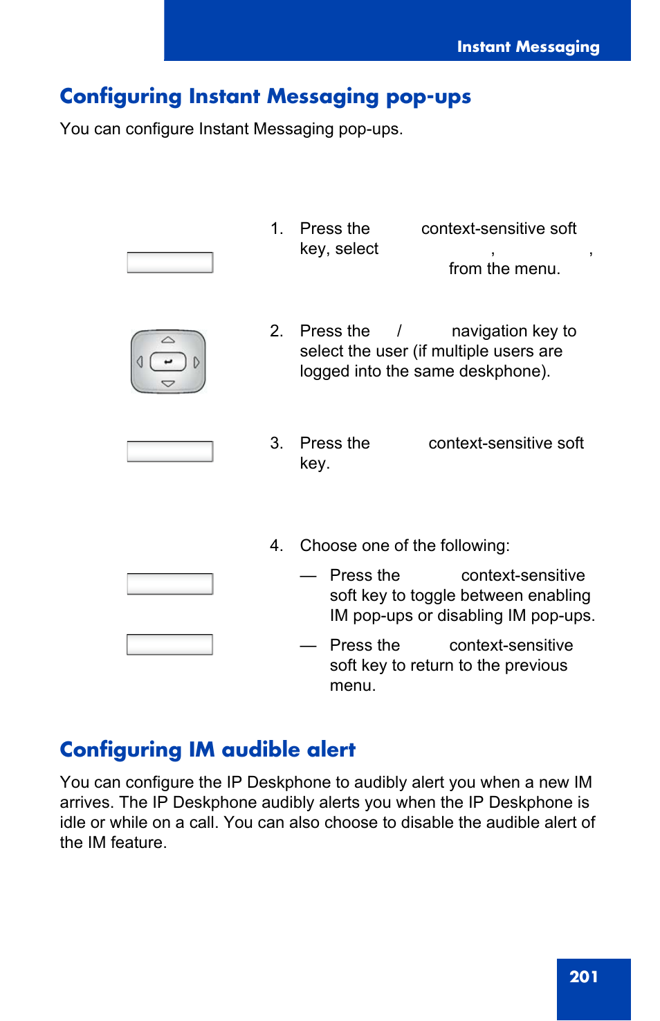 Configuring instant messaging pop-ups, Configuring im audible alert, Prefs | Select, On back | Avaya 1140E IP User Manual | Page 201 / 418