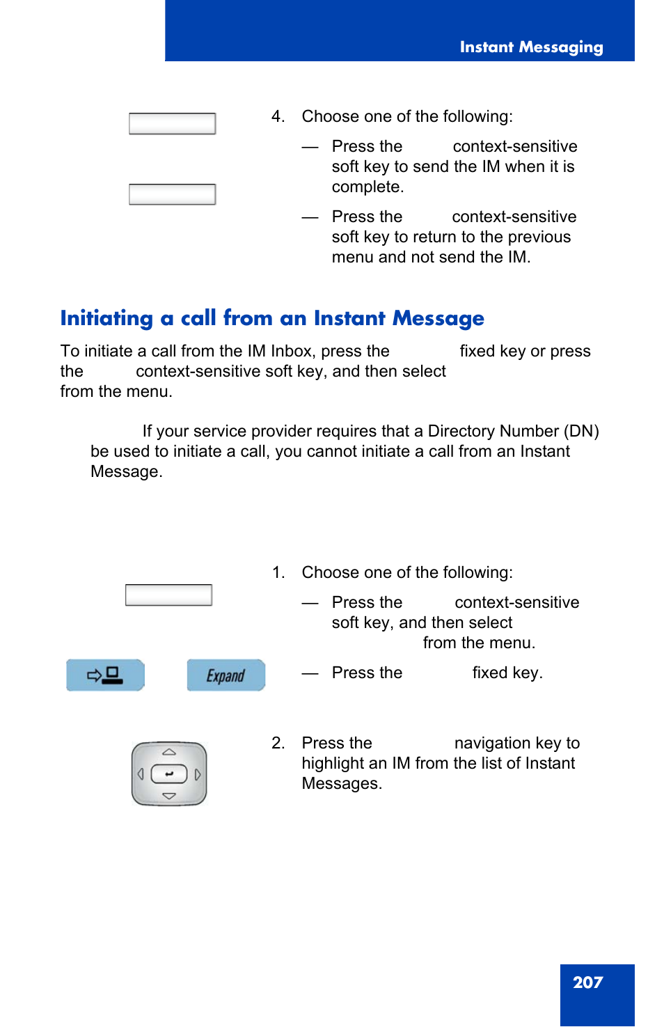 Initiating a call from an instant message, Initiating a call from an instant, Send back | Msgs | Avaya 1140E IP User Manual | Page 207 / 418