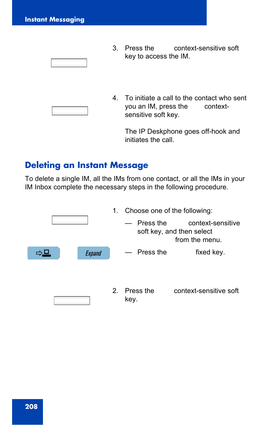 Deleting an instant message, Deleting an instant message” on, View | Call, Msgs | Avaya 1140E IP User Manual | Page 208 / 418