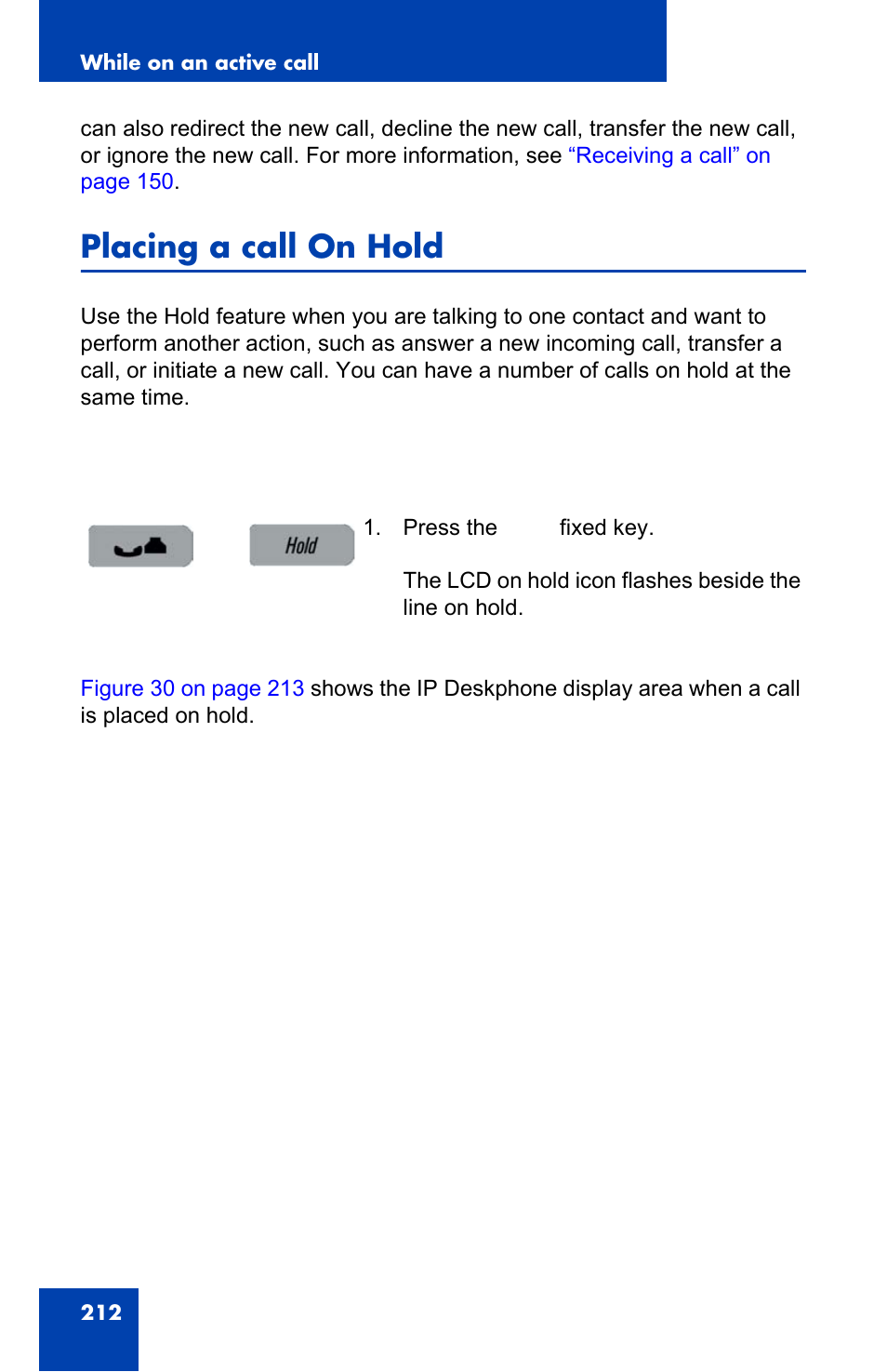 Placing a call on hold | Avaya 1140E IP User Manual | Page 212 / 418