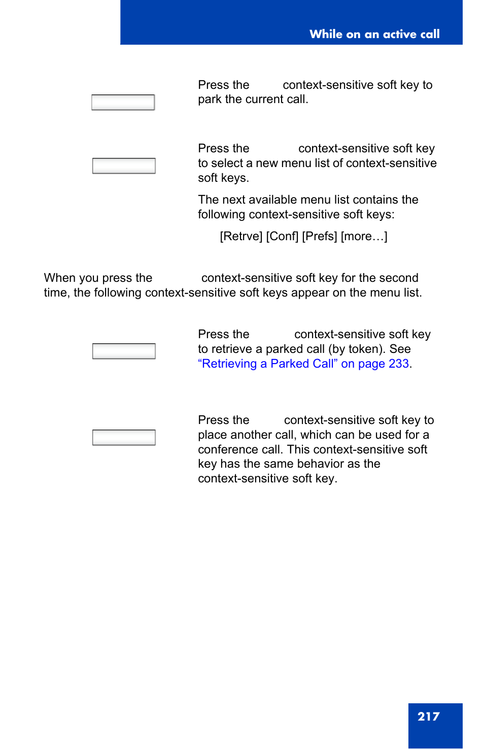 Park, More, Retrve | Conf | Avaya 1140E IP User Manual | Page 217 / 418