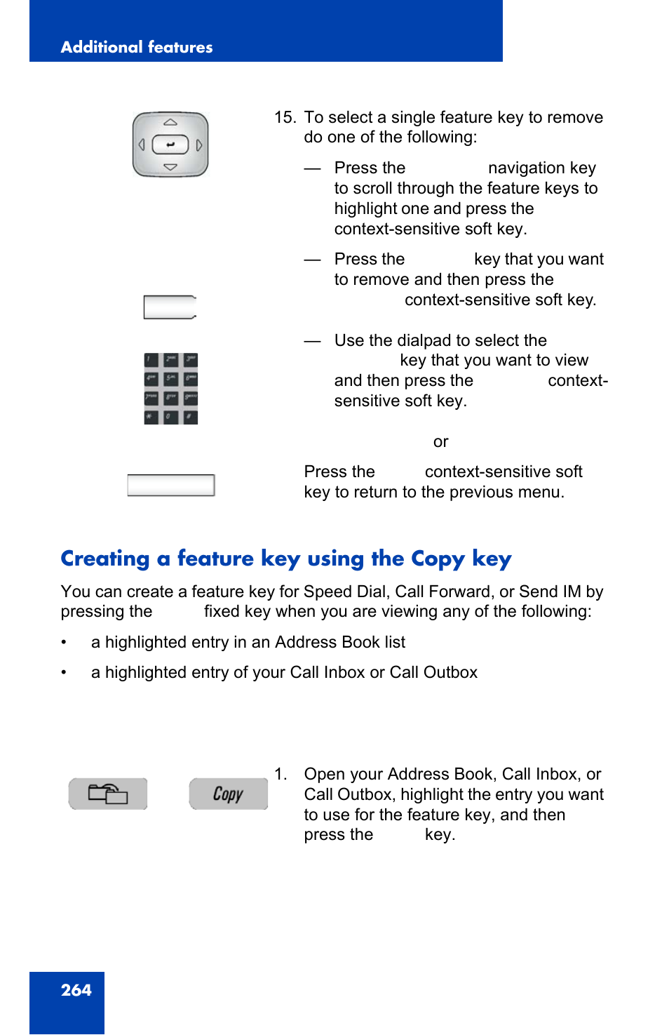 Creating a feature key using the copy key, Back | Avaya 1140E IP User Manual | Page 264 / 418