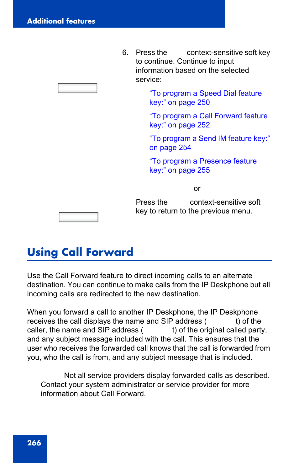 Using call forward, Next back | Avaya 1140E IP User Manual | Page 266 / 418