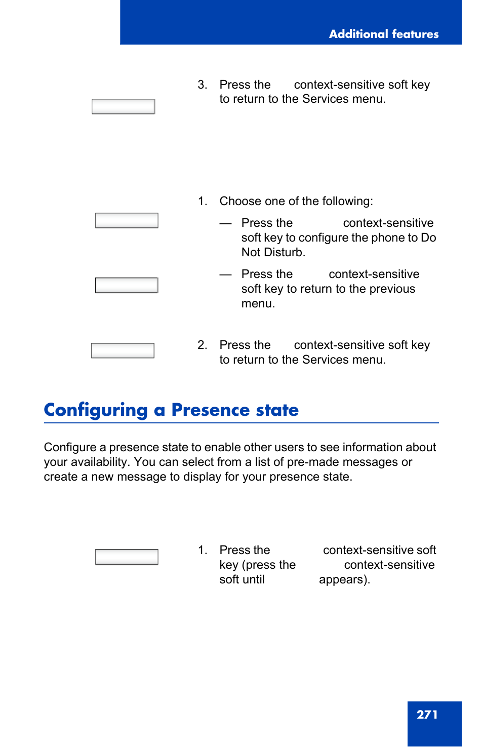 Configuring a presence state, Disable back, Presnce | Avaya 1140E IP User Manual | Page 271 / 418