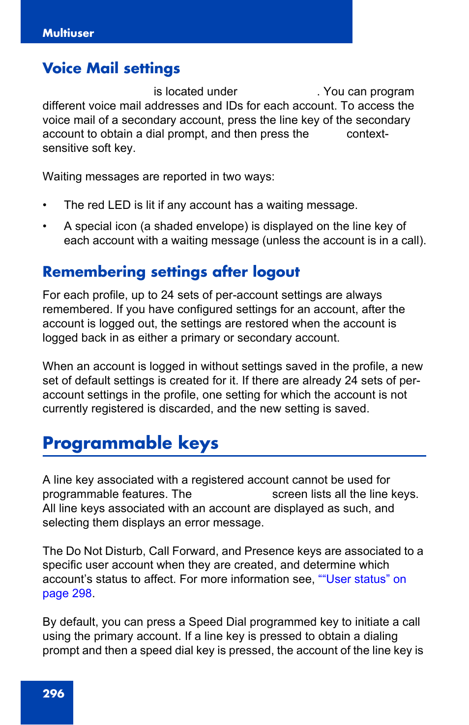 Voice mail settings, Remembering settings after logout, Programmable keys | Avaya 1140E IP User Manual | Page 296 / 418