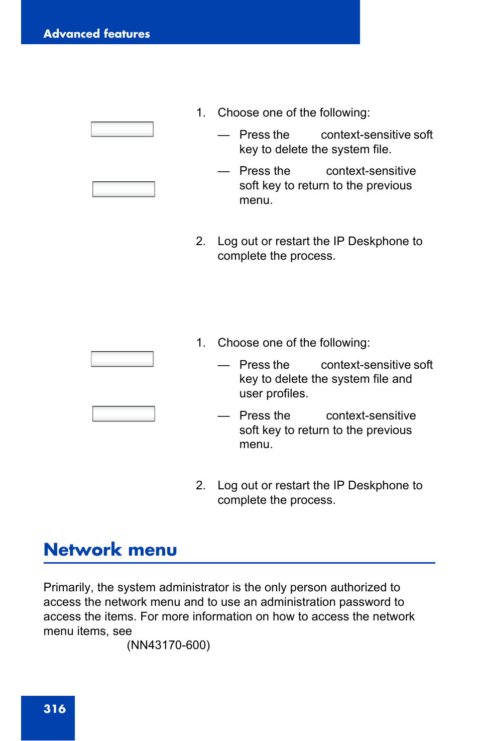 Network menu, Next back | Avaya 1140E IP User Manual | Page 316 / 418