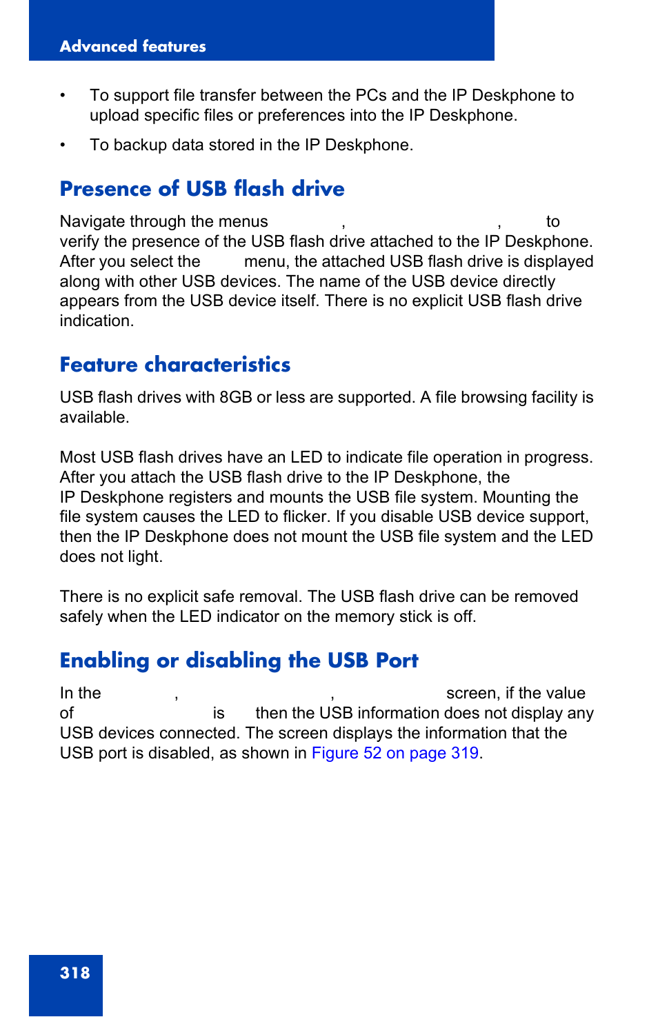 Presence of usb flash drive, Feature characteristics, Enabling or disabling the usb port | Avaya 1140E IP User Manual | Page 318 / 418