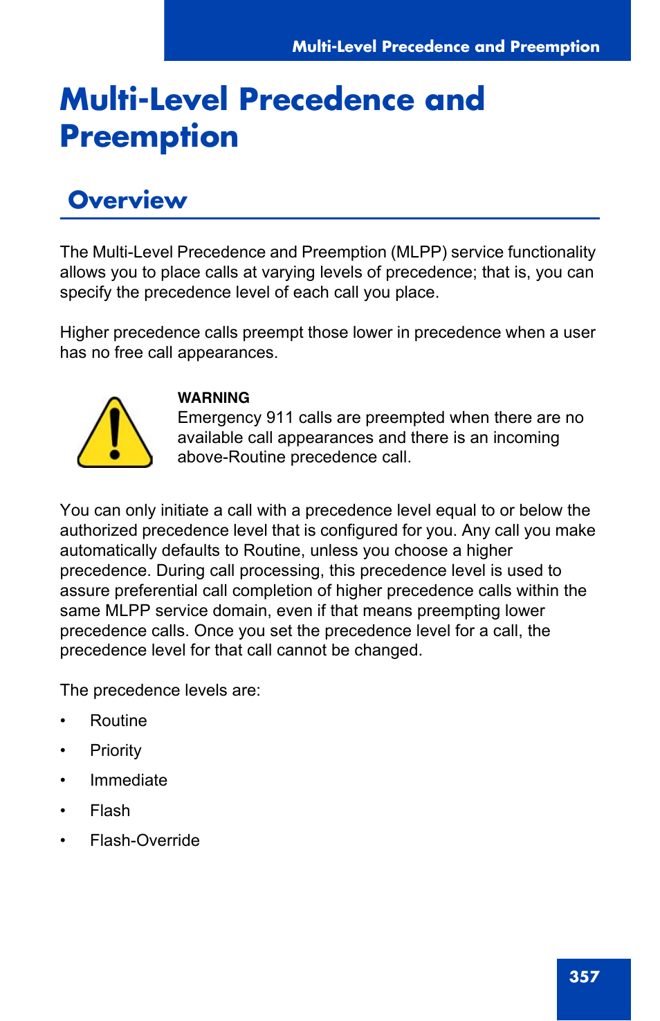 Multi-level precedence and preemption, Overview | Avaya 1140E IP User Manual | Page 357 / 418