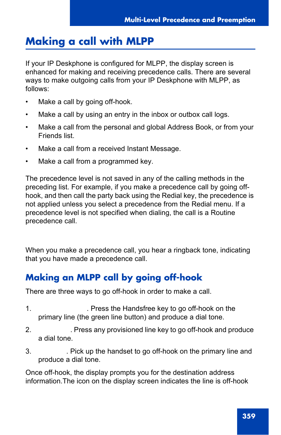 Making a call with mlpp, Making an mlpp call by going off-hook | Avaya 1140E IP User Manual | Page 359 / 418