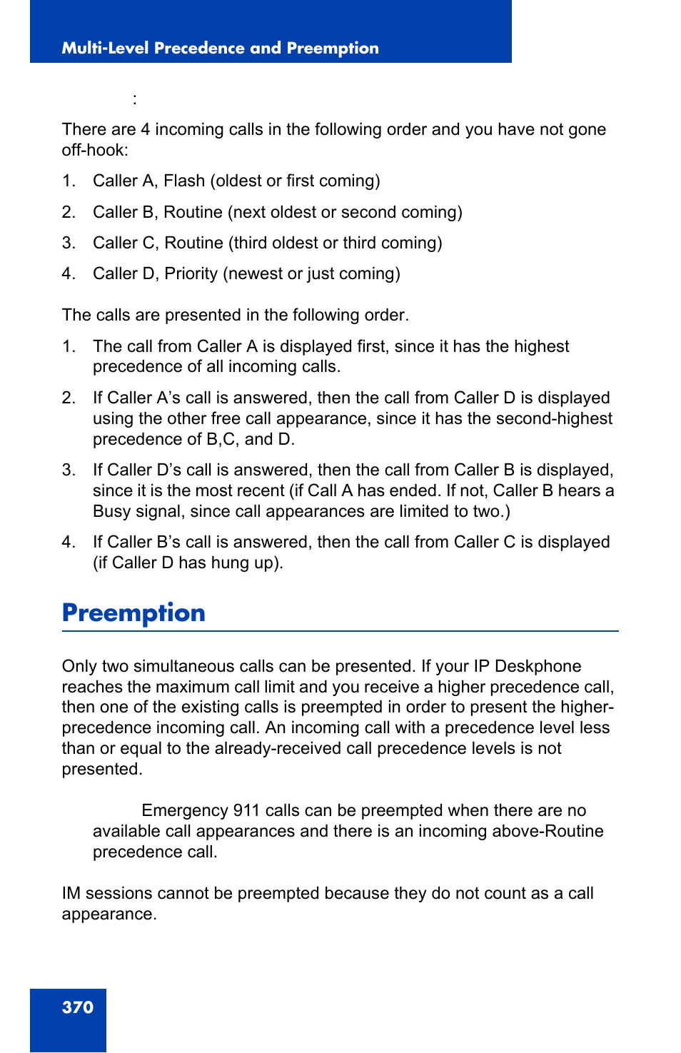 Preemption | Avaya 1140E IP User Manual | Page 370 / 418