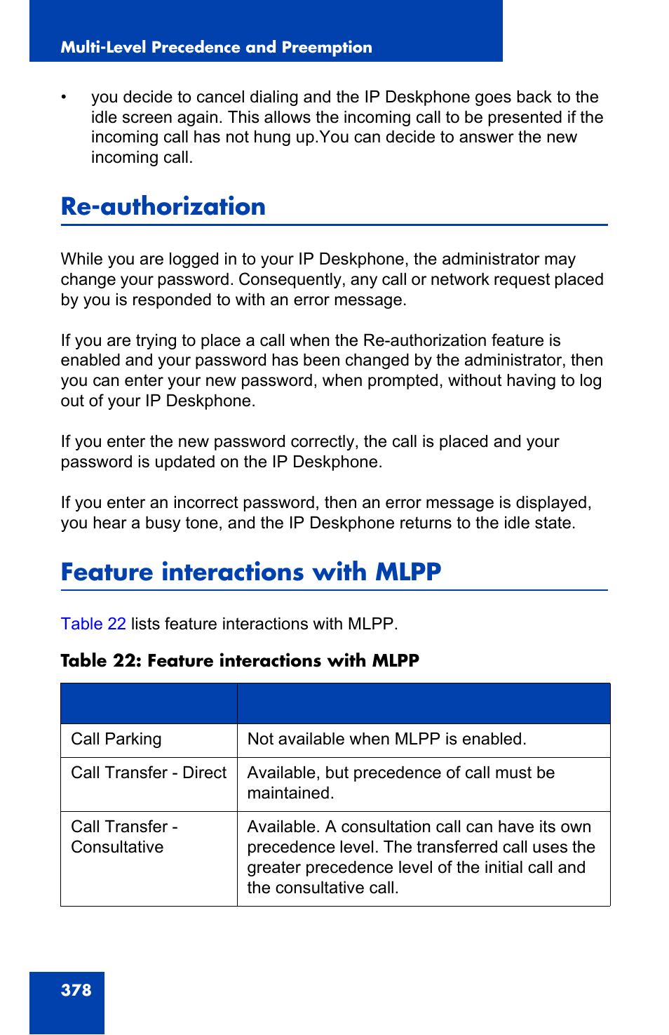 Re-authorization, Feature interactions with mlpp | Avaya 1140E IP User Manual | Page 378 / 418