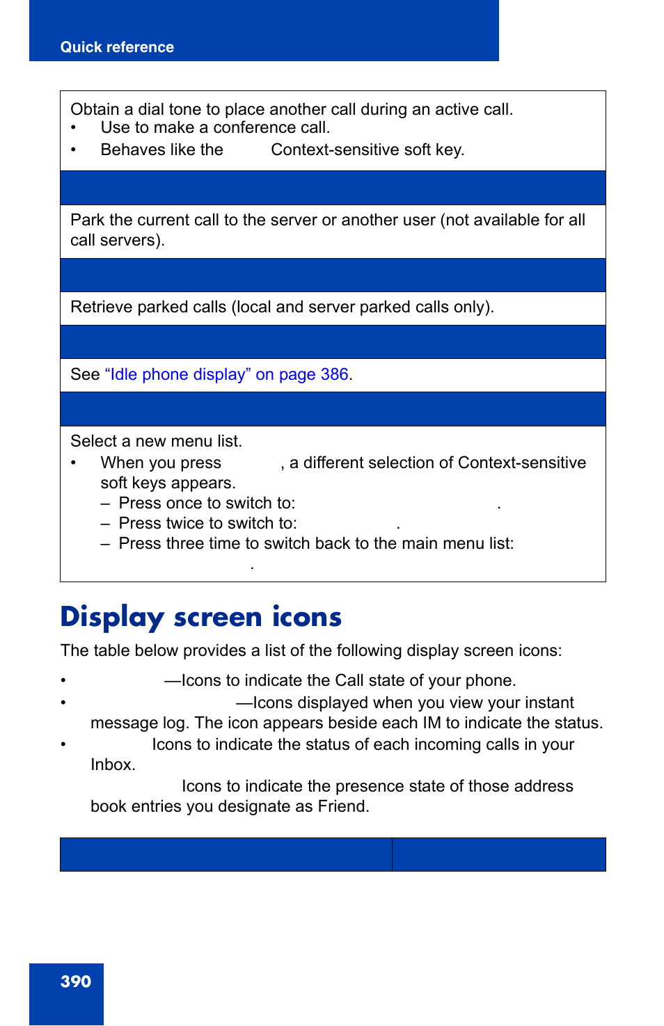 Display screen icons | Avaya 1140E IP User Manual | Page 390 / 418