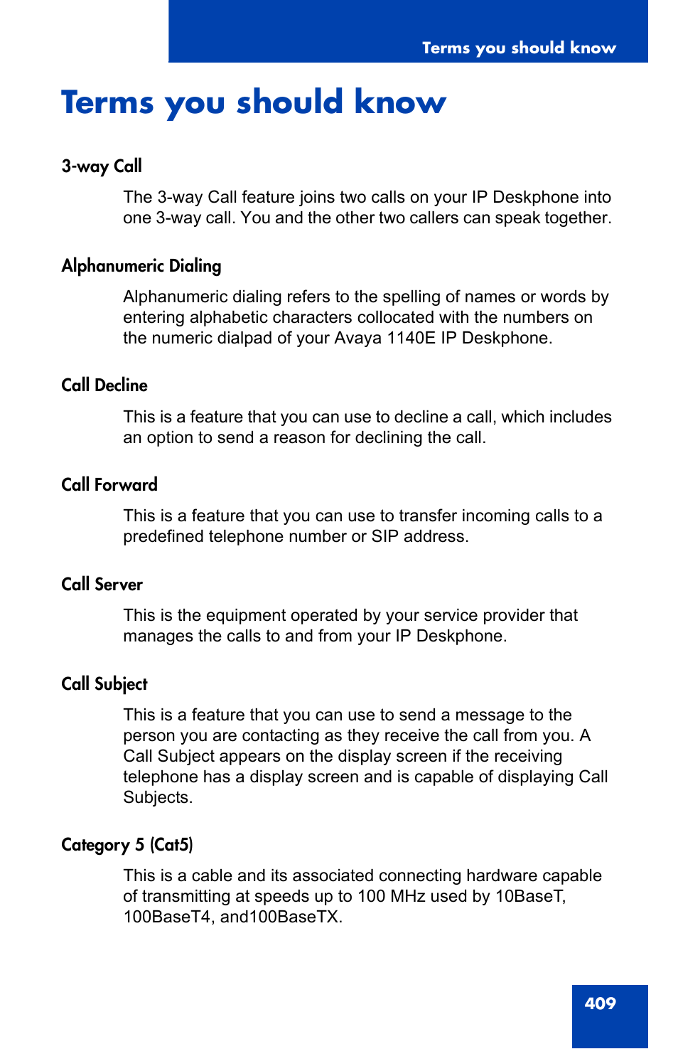 Terms you should know | Avaya 1140E IP User Manual | Page 409 / 418