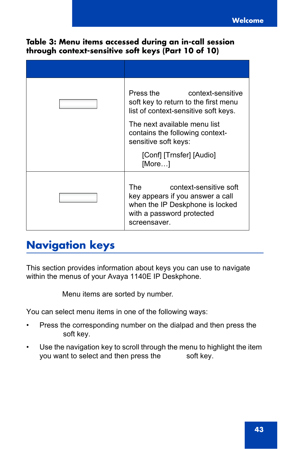 Navigation keys, More, Unlock | Avaya 1140E IP User Manual | Page 43 / 418