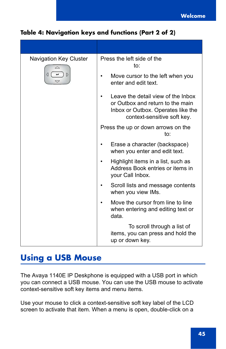 Using a usb mouse | Avaya 1140E IP User Manual | Page 45 / 418