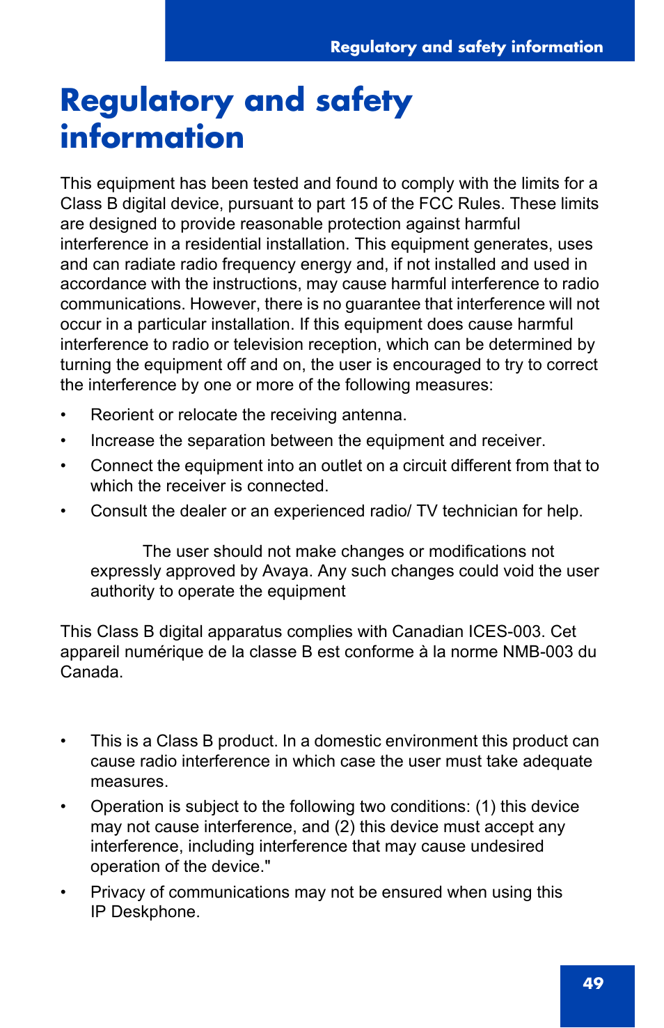 Regulatory and safety information | Avaya 1140E IP User Manual | Page 49 / 418