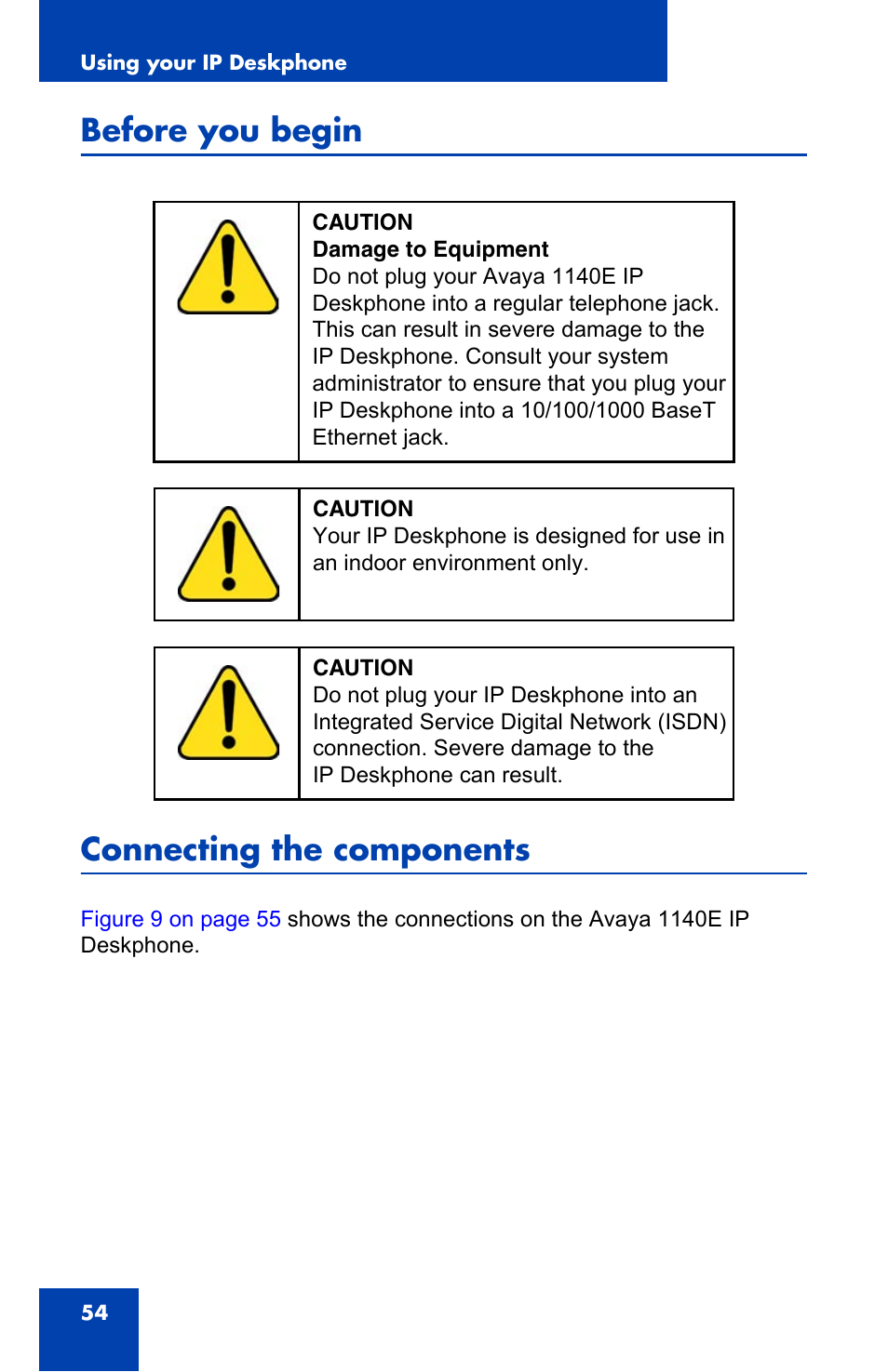 Before you begin, Connecting the components, Before you begin connecting the components | Avaya 1140E IP User Manual | Page 54 / 418