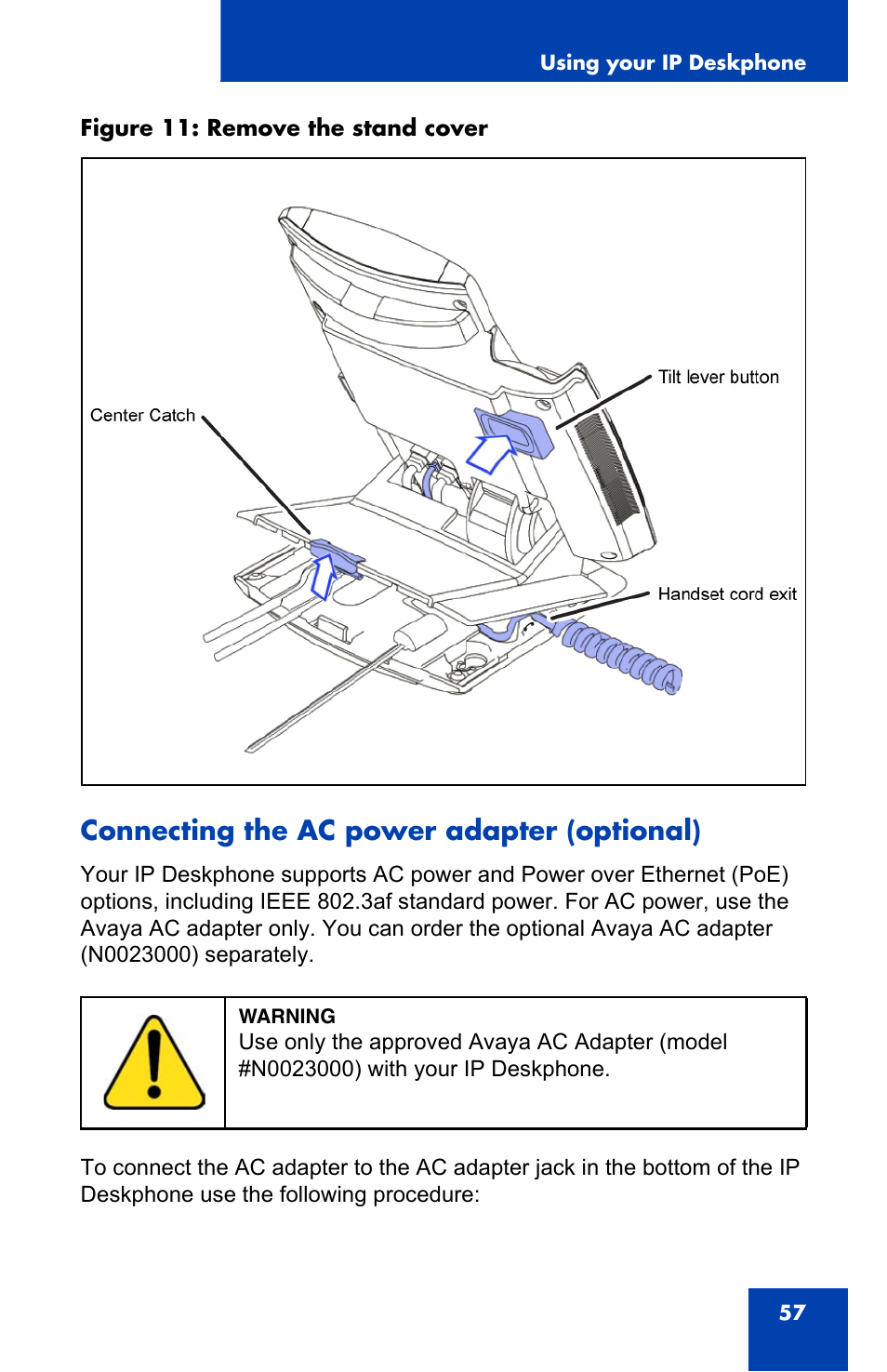 Connecting the ac power adapter (optional) | Avaya 1140E IP User Manual | Page 57 / 418