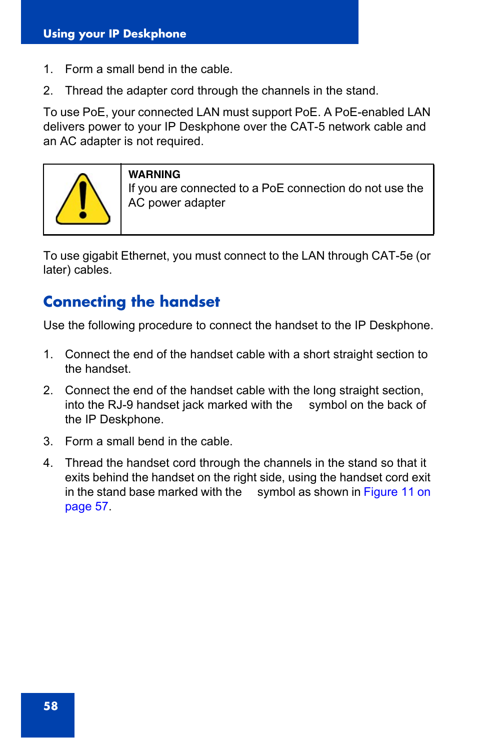 Connecting the handset | Avaya 1140E IP User Manual | Page 58 / 418