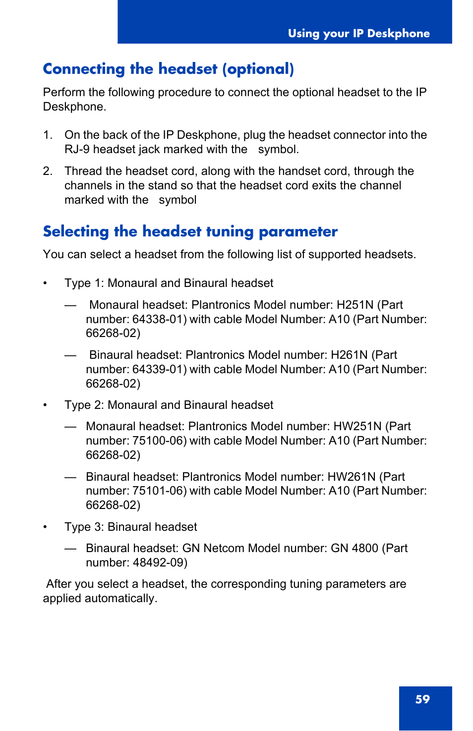 Connecting the headset (optional), Selecting the headset tuning parameter | Avaya 1140E IP User Manual | Page 59 / 418