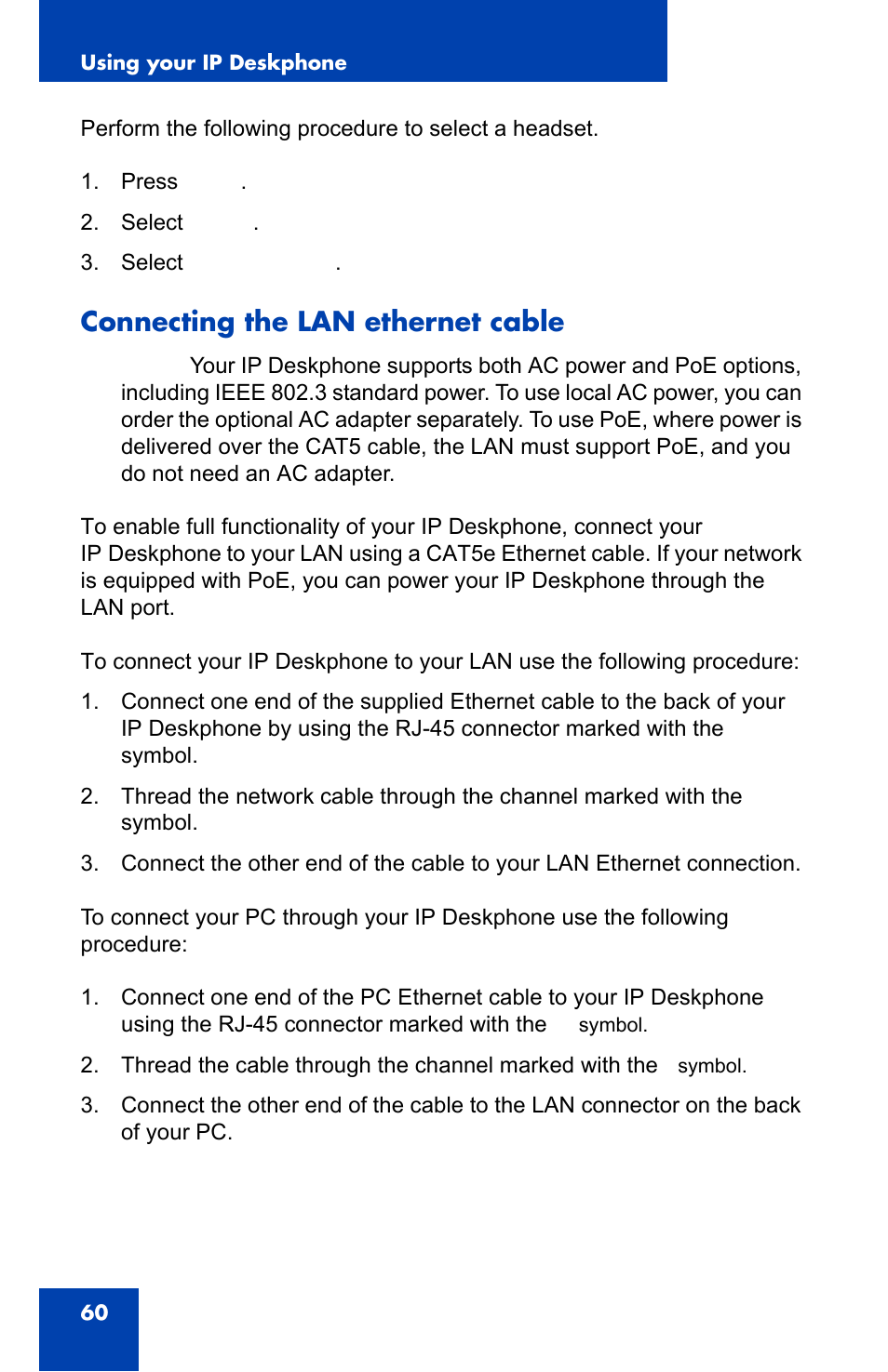 Connecting the lan ethernet cable | Avaya 1140E IP User Manual | Page 60 / 418