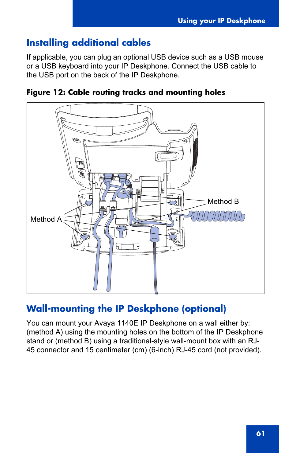 Installing additional cables, Wall-mounting the ip deskphone (optional) | Avaya 1140E IP User Manual | Page 61 / 418