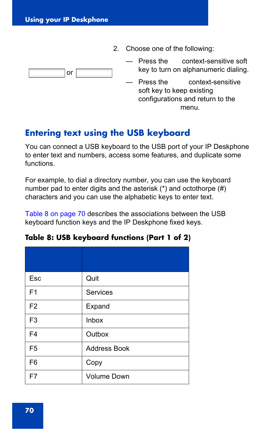 Entering text using the usb keyboard, Off back | Avaya 1140E IP User Manual | Page 70 / 418