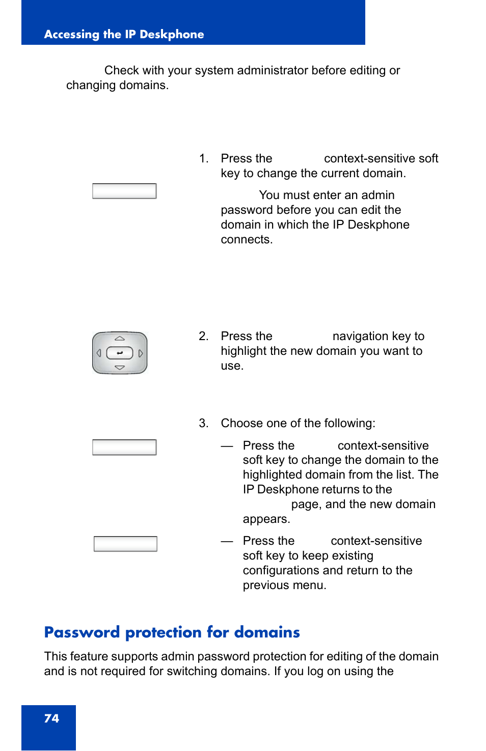 Password protection for domains, Domain, Select back | Avaya 1140E IP User Manual | Page 74 / 418