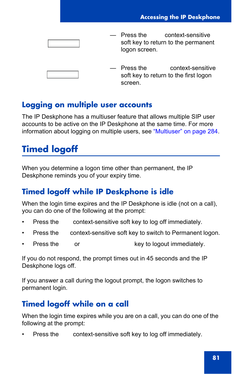 Logging on multiple user accounts, Timed logoff, Timed logoff while ip deskphone is idle | Timed logoff while on a call, Back cancel | Avaya 1140E IP User Manual | Page 81 / 418