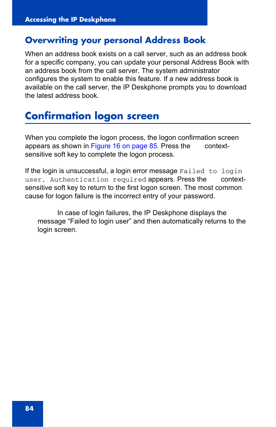 Overwriting your personal address book, Confirmation logon screen | Avaya 1140E IP User Manual | Page 84 / 418