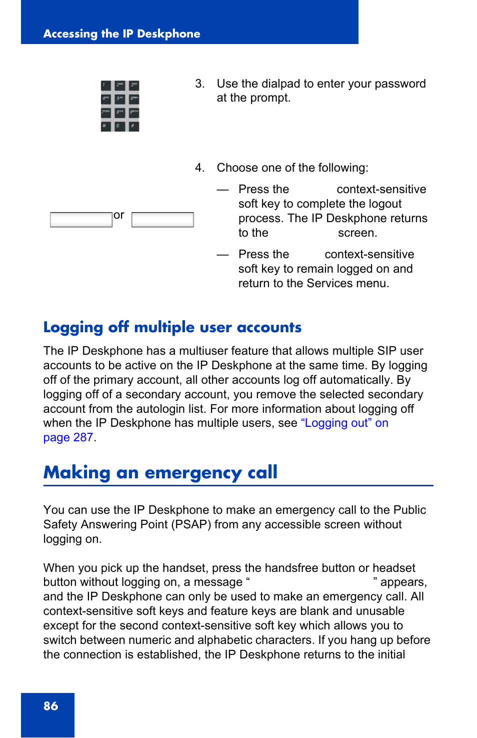 Logging off multiple user accounts, Making an emergency call, Logout back | Avaya 1140E IP User Manual | Page 86 / 418