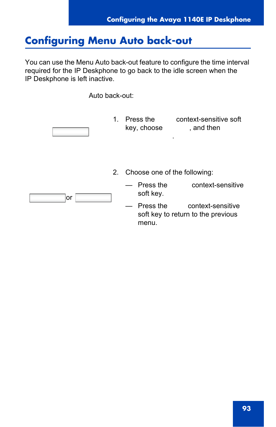 Configuring menu auto back-out, Prefs, Select back | Avaya 1140E IP User Manual | Page 93 / 418