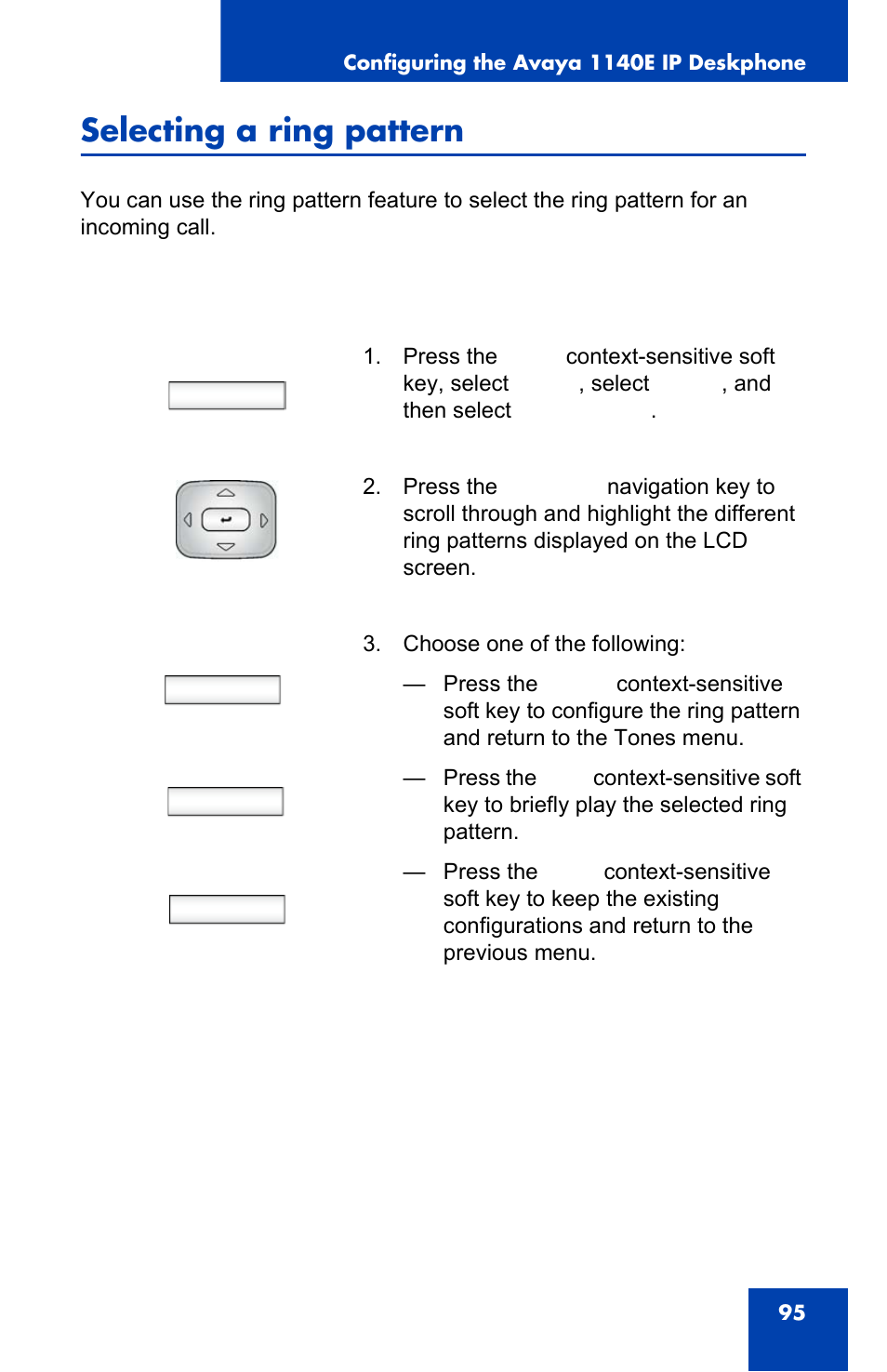 Selecting a ring pattern, Prefs, Select test back | Avaya 1140E IP User Manual | Page 95 / 418