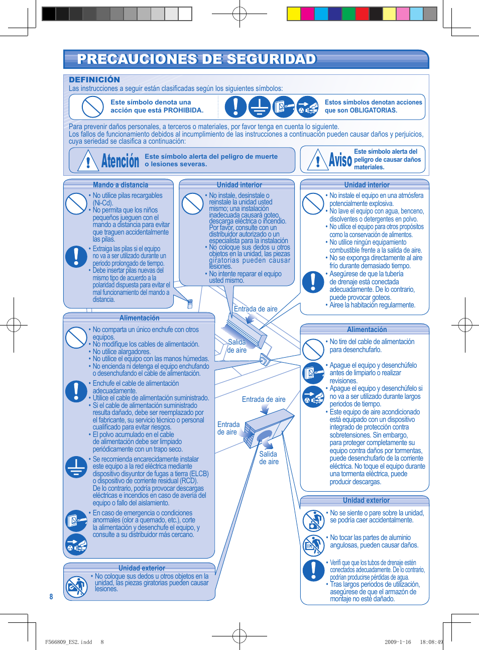 Atención, Aviso, Precauciones de seguridad | Panasonic CUPW12GKX User Manual | Page 2 / 10