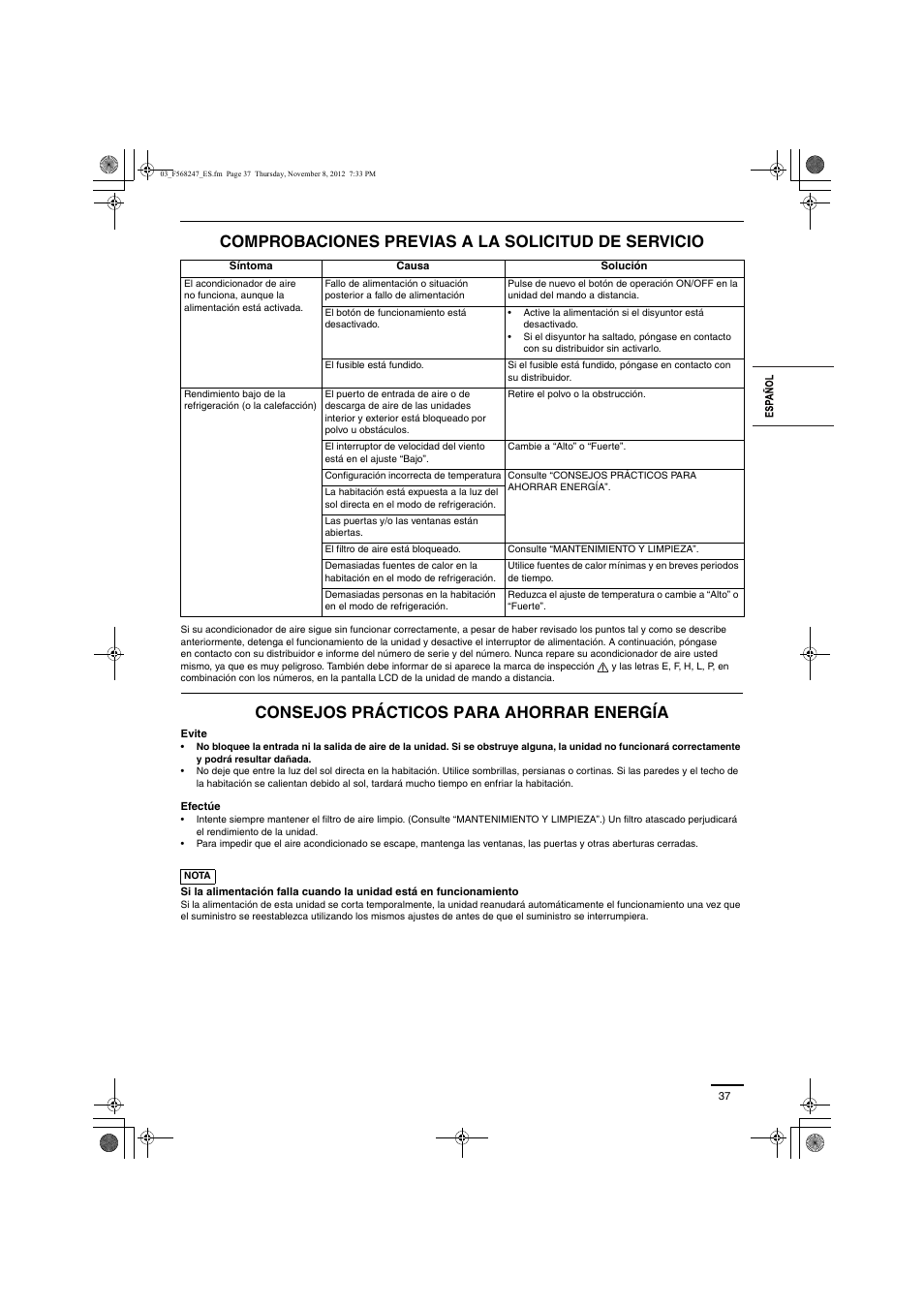Comprobaciones previas a la solicitud de servicio, Consejos prácticos para ahorrar energía | Panasonic S50PF1E5 User Manual | Page 13 / 21