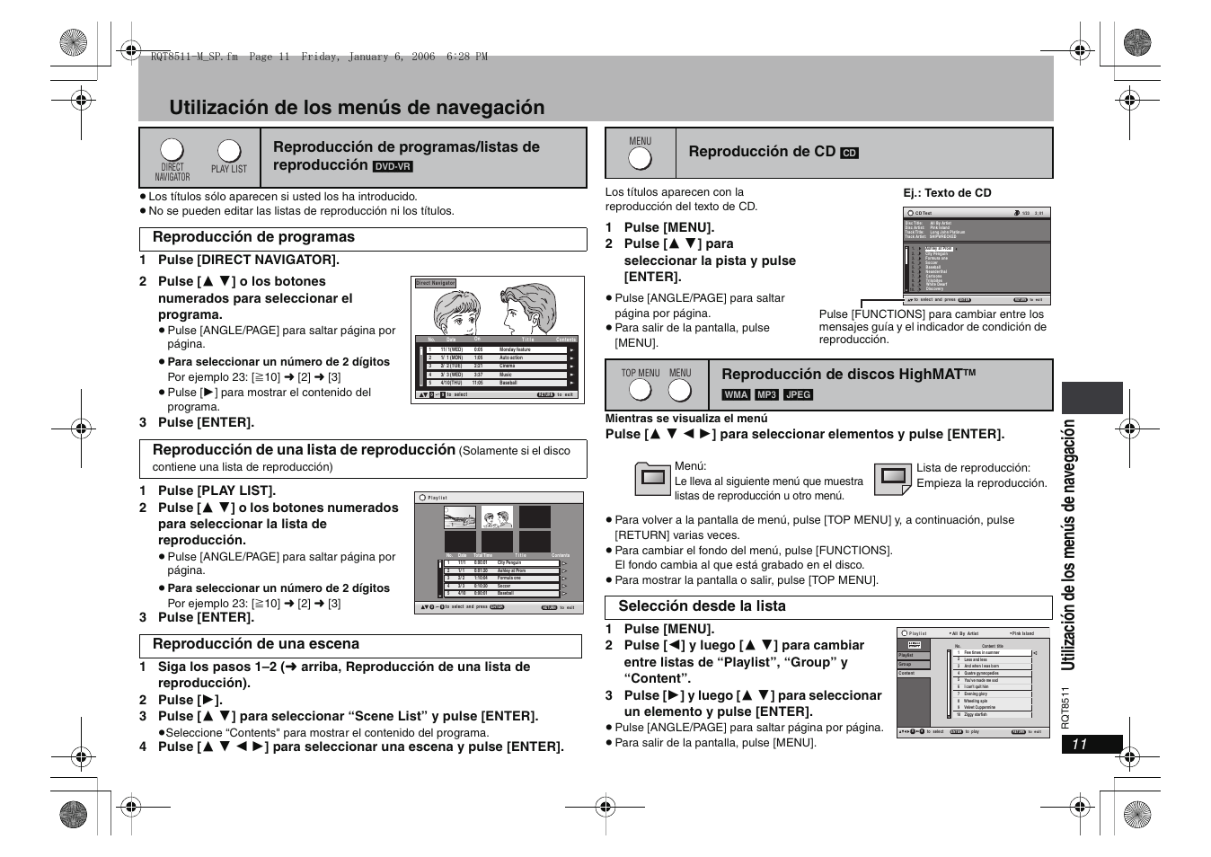 Utilización de los menús de navegación, Util iz ac ión de lo s m en ús d e na ve gaci ón, Reproducción de programas/listas de reproducción | Reproducción de una escena, Reproducción de cd, Reproducción de discos highmat, Selección desde la lista | Panasonic DVDS42 User Manual | Page 11 / 24