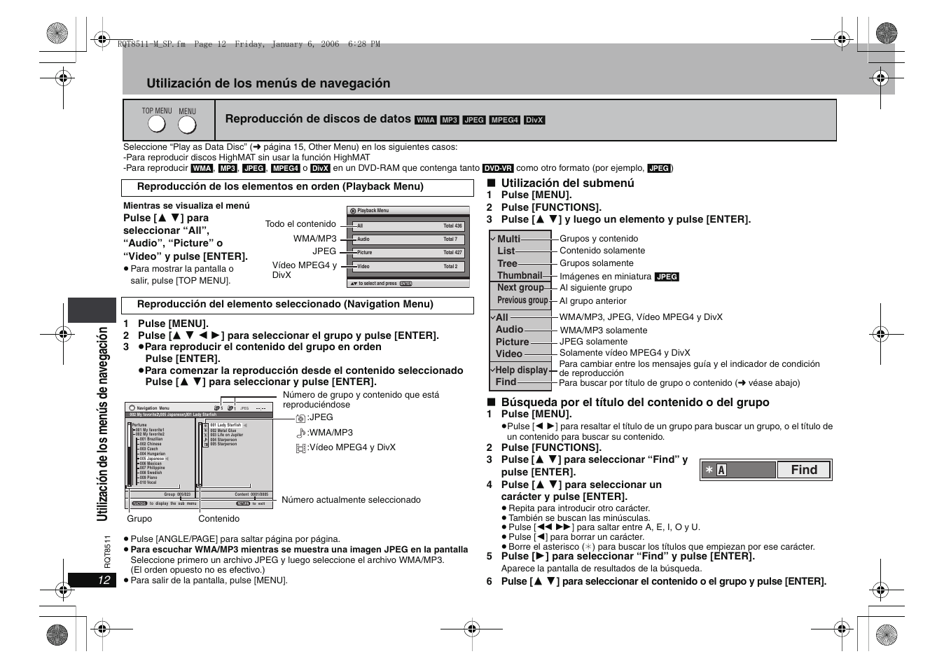 Util iz ac ión de lo s m enús de na ve gaci ón, Utilización de los menús de navegación | Panasonic DVDS42 User Manual | Page 12 / 24