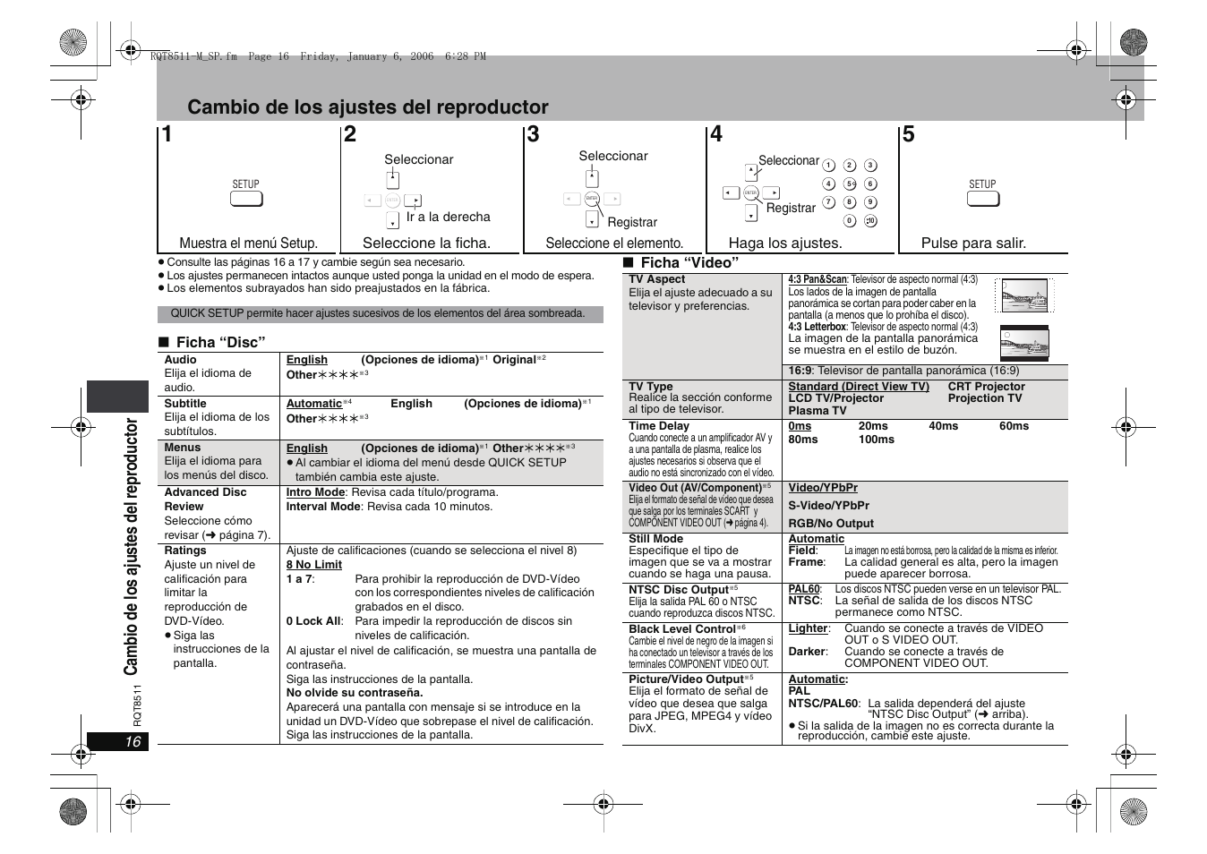 Cambio de los ajustes del reproductor | Panasonic DVDS42 User Manual | Page 16 / 24