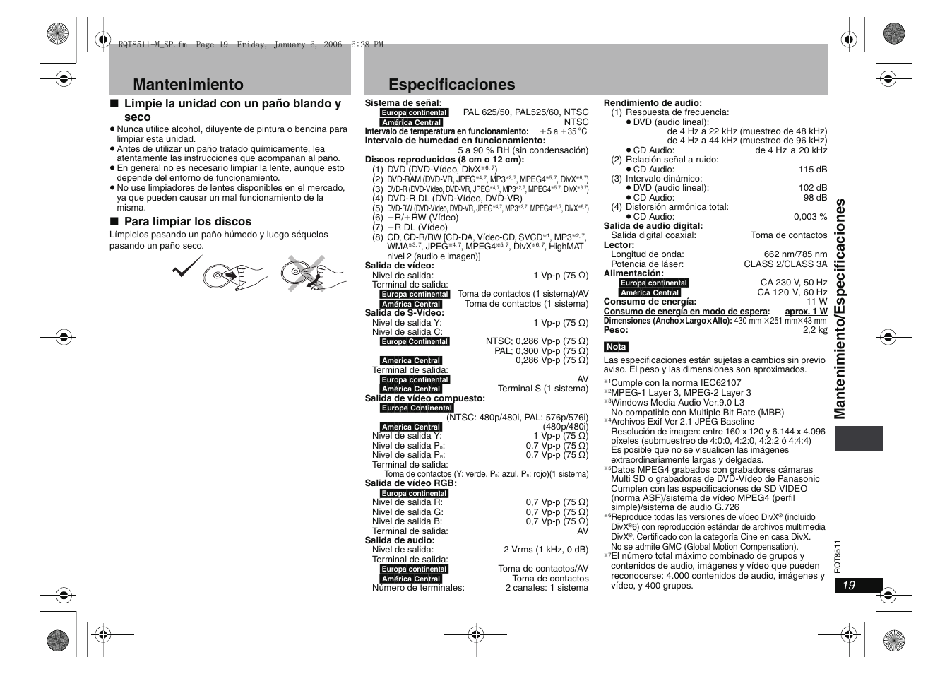 Mantenimiento, Especificaciones, Ma nteni m ient o/especi fi caci ones | Panasonic DVDS42 User Manual | Page 19 / 24