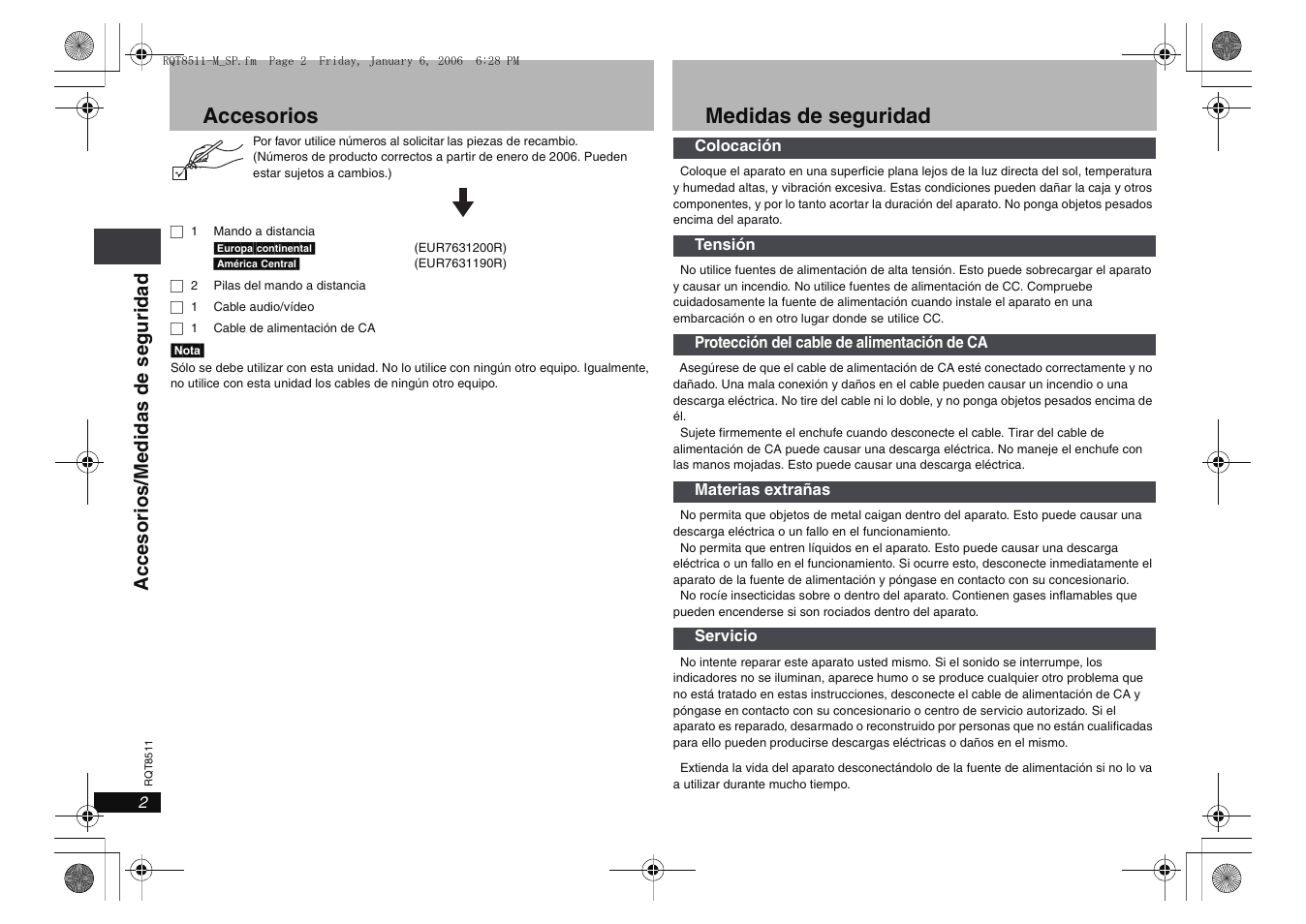 Accesorios, Medidas de seguridad, Acce sori os/medi das de seg uri dad | Panasonic DVDS42 User Manual | Page 2 / 24