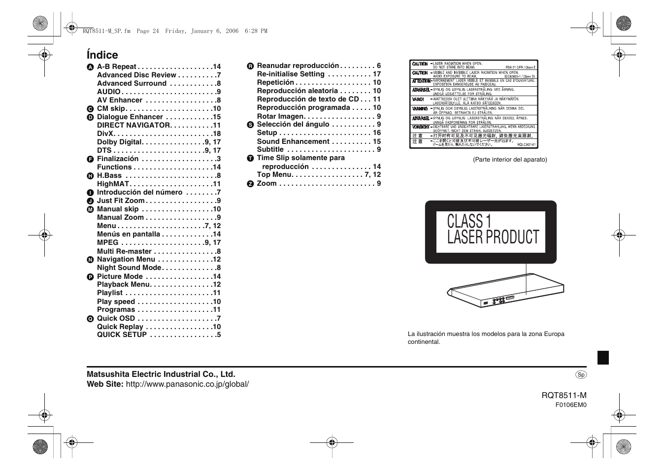 Class 1 laser product, Índice | Panasonic DVDS42 User Manual | Page 24 / 24