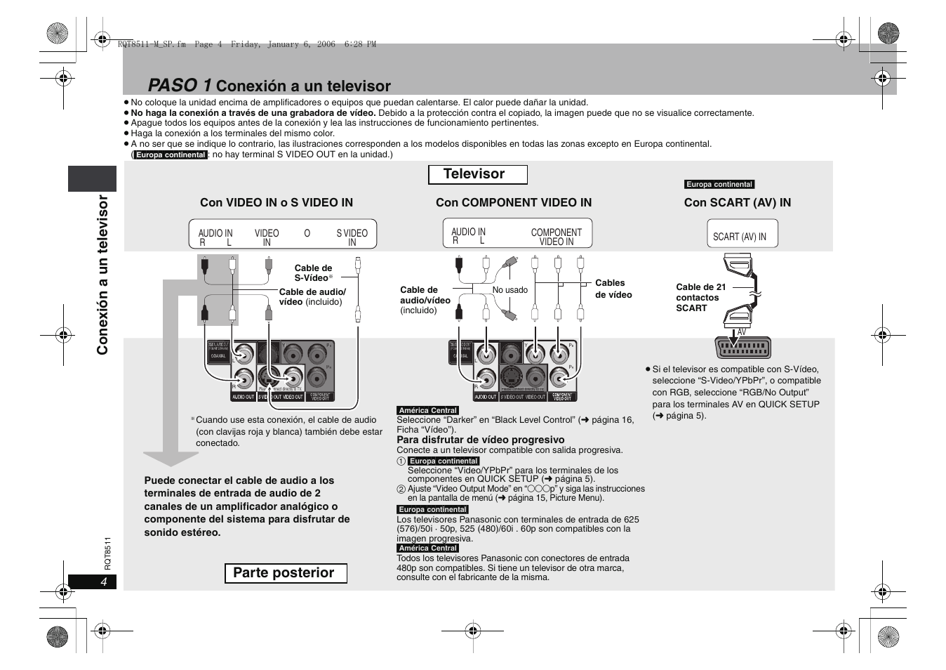 Paso 1, Conexión a un televisor, Televisor | Parte posterior, Cone xi ón a un tel e vi sor | Panasonic DVDS42 User Manual | Page 4 / 24